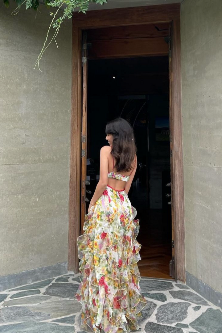 Velora ™ | Rose-print chiffon maxi dress with slit