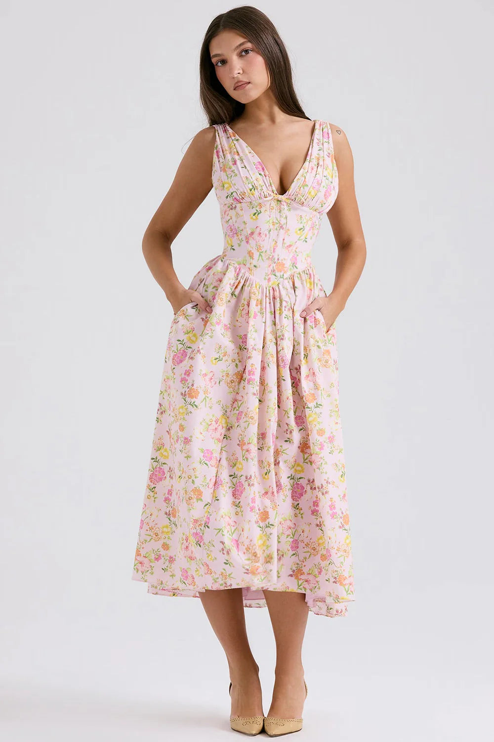 Ariana - V Neck Corset Flare Midi Dress