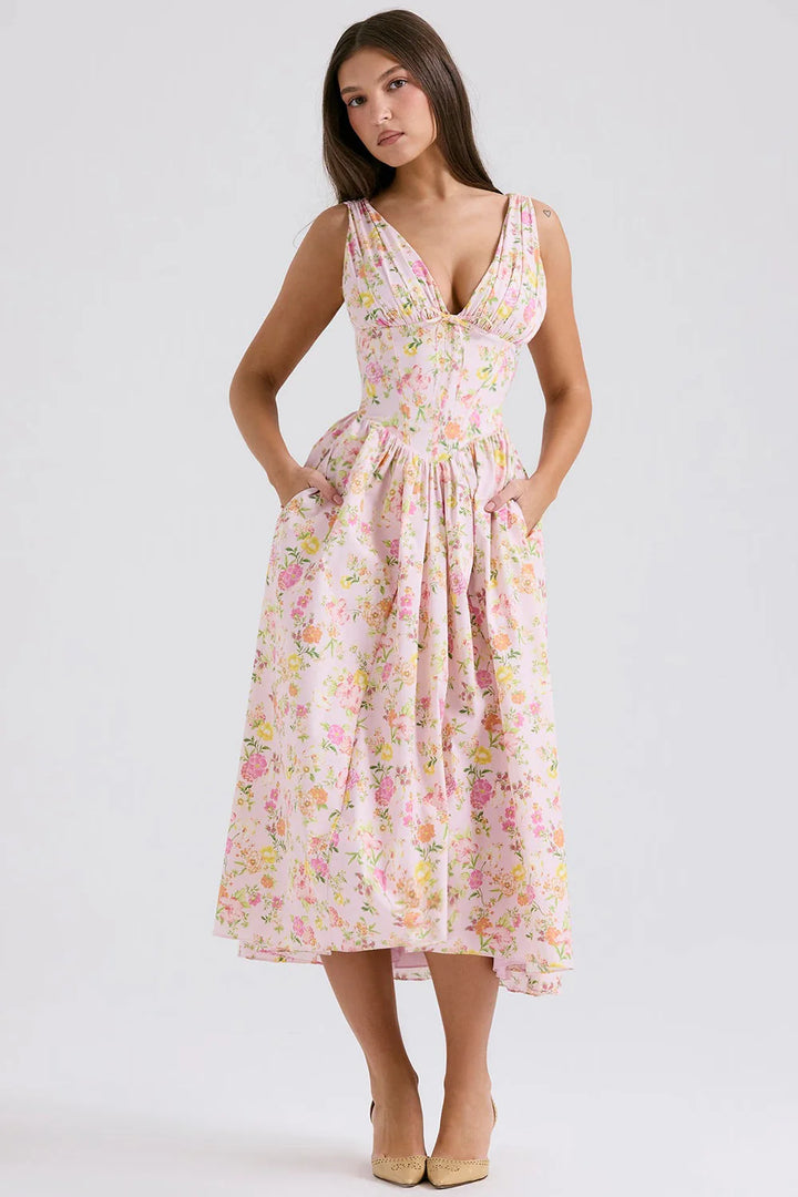 Ariana - V Neck Corset Flare Midi Dress