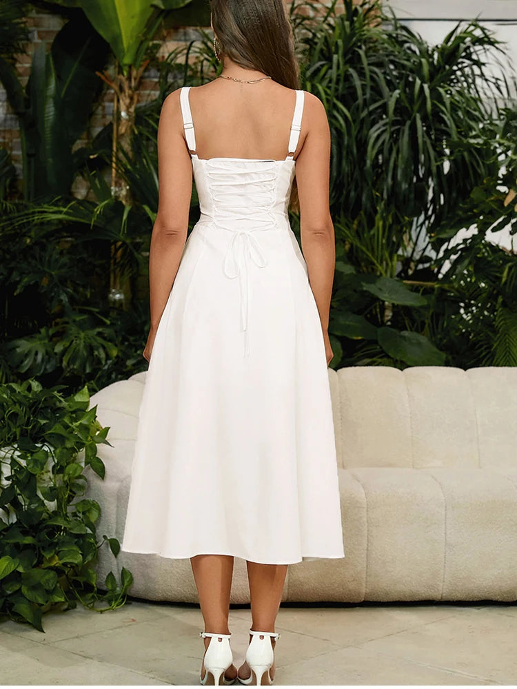 Vana - Corset Lace-up White Midi Dress