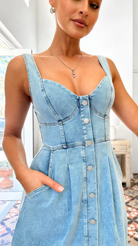 JAYLIN™ –  Classic Sleeveless Button-Front Denim Dress