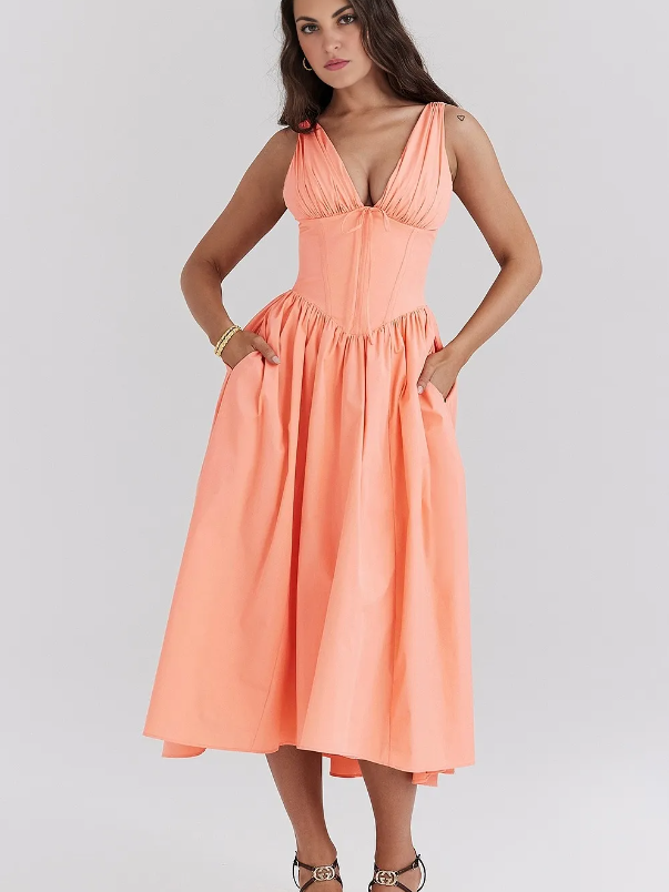 Ariana - V Neck Corset Flare Midi Dress