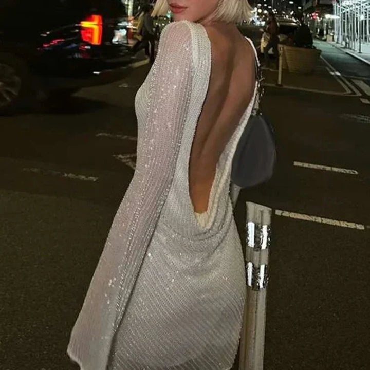 Zerynna™ | Backless shimmering long-sleeved mini dress