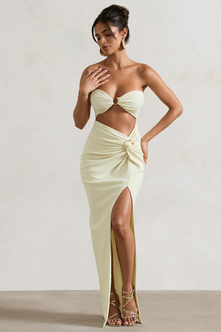 Cancun™ | Maxi abito senza spalline color ecru con ritagli e pinces