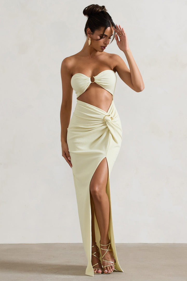 Cancun™ | Maxi abito senza spalline color ecru con ritagli e pinces