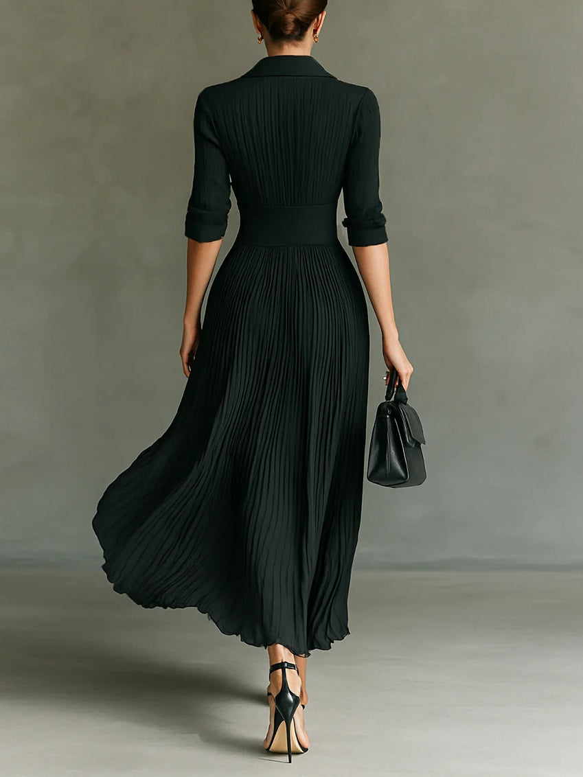 Elvira - Pleated long dress with a lapel and high waist