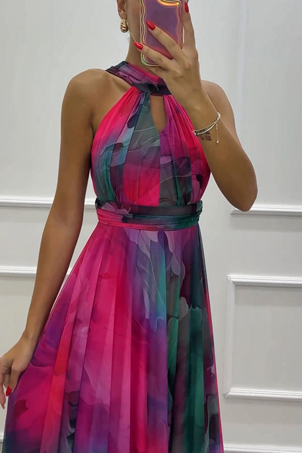 Elaine - Tulle Floral Splash Print Cutout Halter Tie-up Neck Gown Maxi Dress