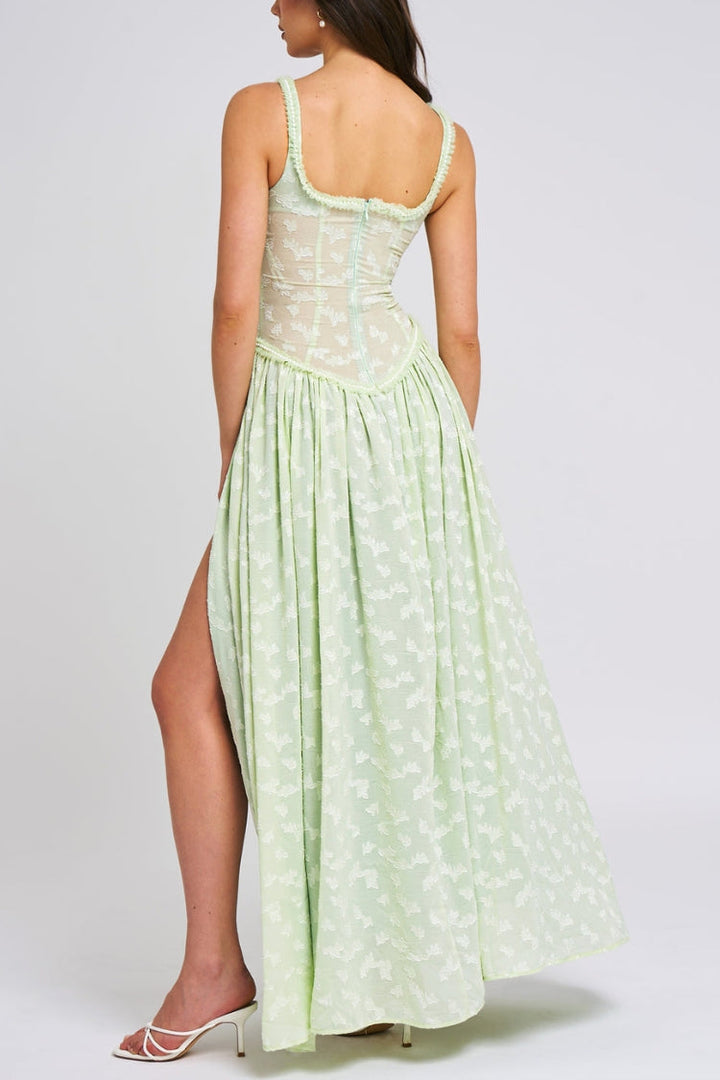 Ulissa- Soft Green Jacquard High Slit Square Neck Maxi Dress