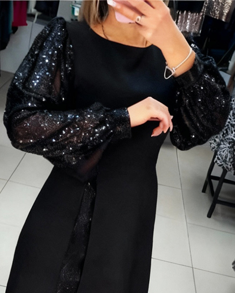 Liliana - Elegant Dress with Puff Sleeves and Patchwork Details