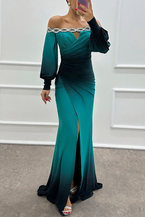 Julieta - Gradient Print Off Shoulder Gem Detail Slit Gown Maxi Dress