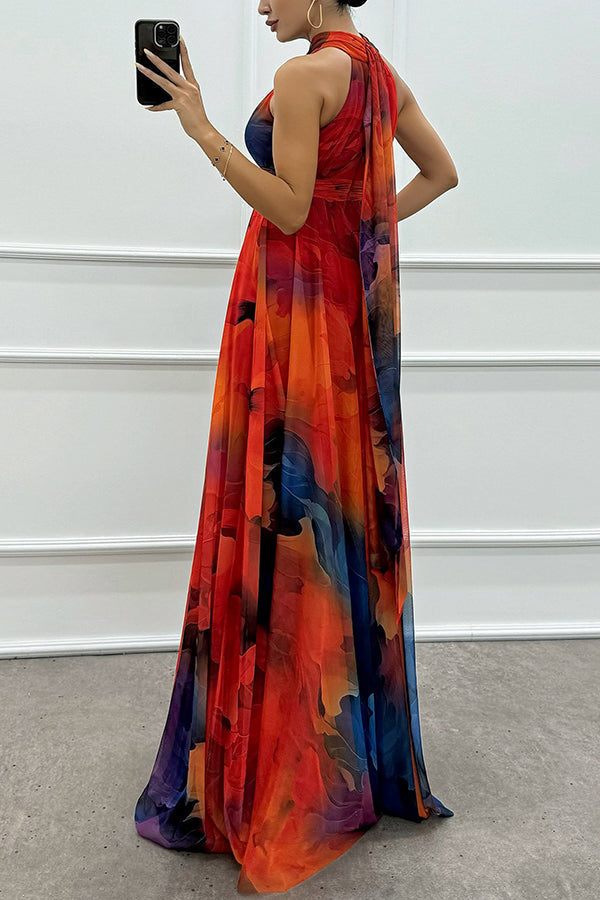 Elaine - Tulle Floral Splash Print Cutout Halter Tie-up Neck Gown Maxi Dress