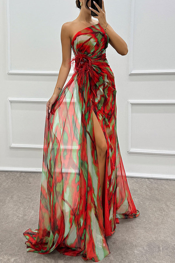Claudia - Watercolor Print Feather Rose Detail Off Shoulder Pleated Slit Maxi Dress