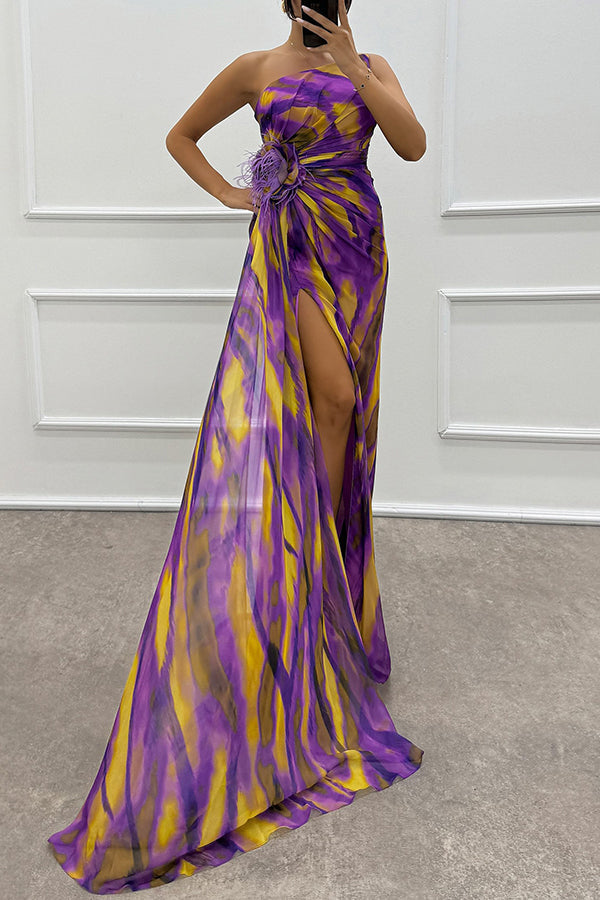 Claudia - Watercolor Print Feather Rose Detail Off Shoulder Pleated Slit Maxi Dress