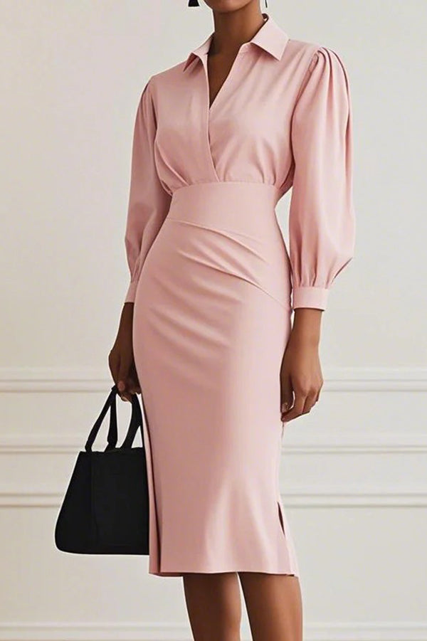 Sandra - Fashion Lapel Long Sleeve Slim Waist Midi Dress