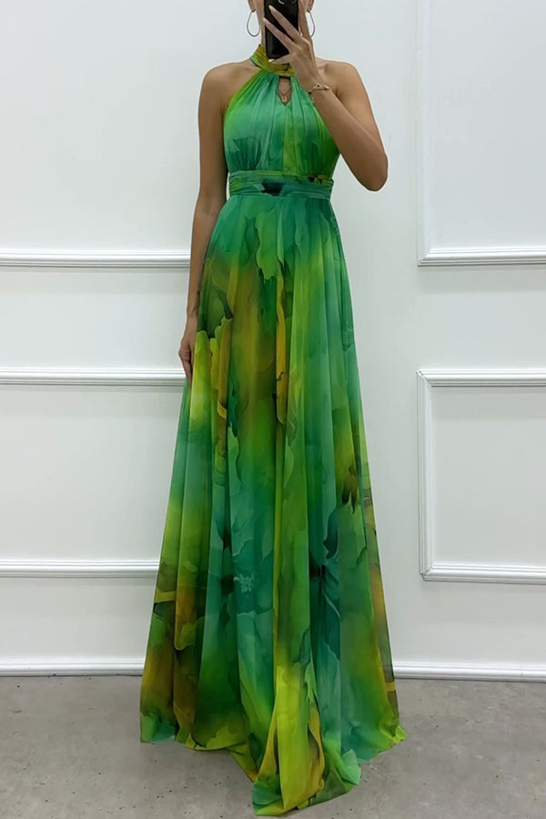 Elaine - Tulle Floral Splash Print Cutout Halter Tie-up Neck Gown Maxi Dress
