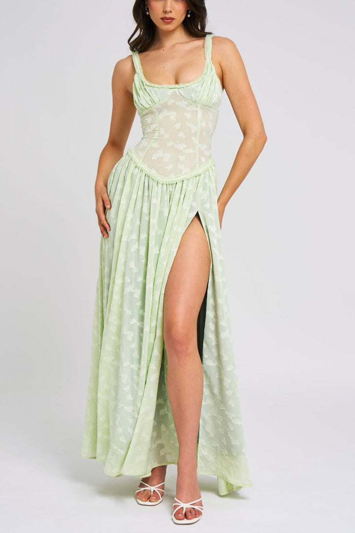 Ulissa- Soft Green Jacquard High Slit Square Neck Maxi Dress