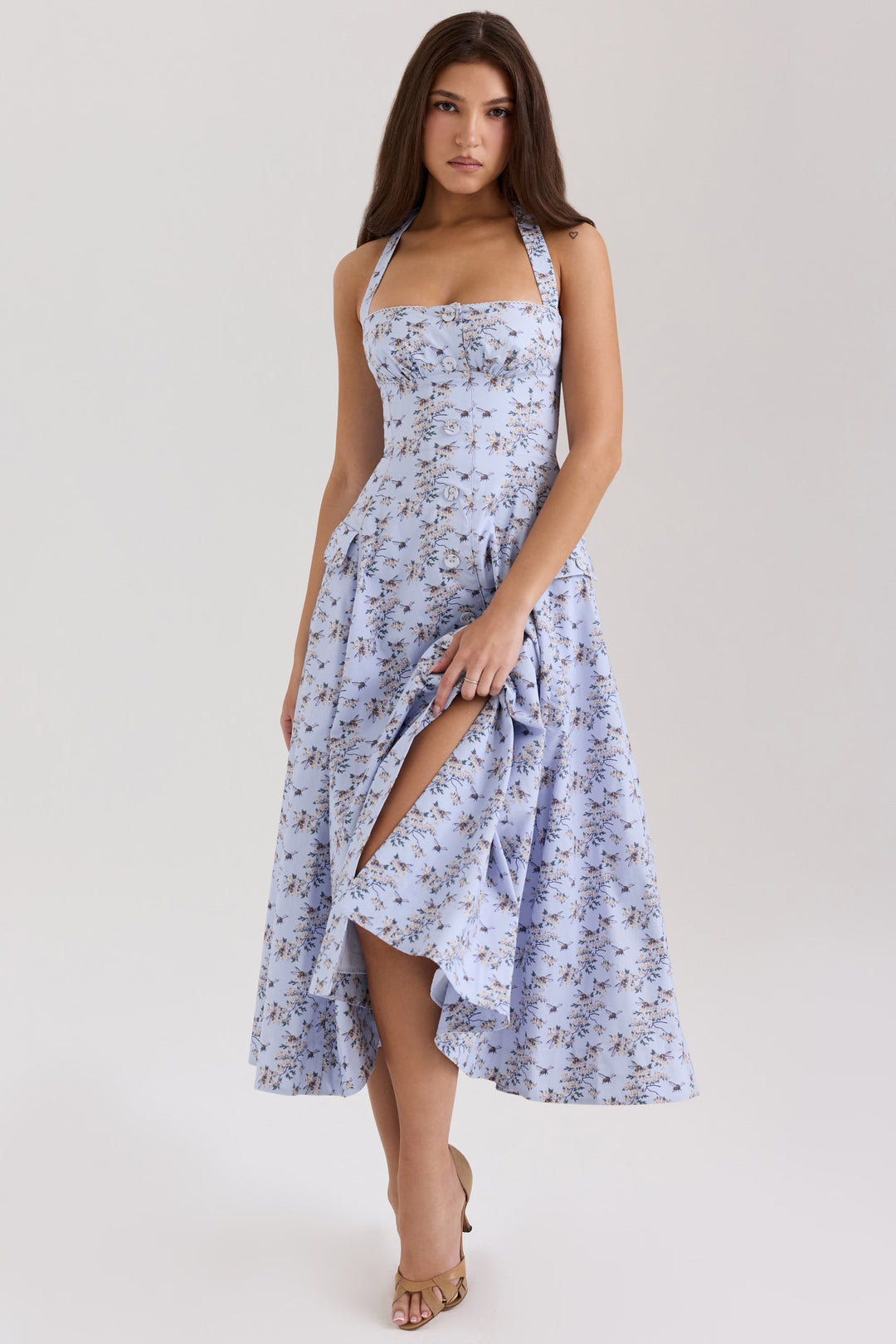 Belle - Daisy Print Halter Neck Midi Dress