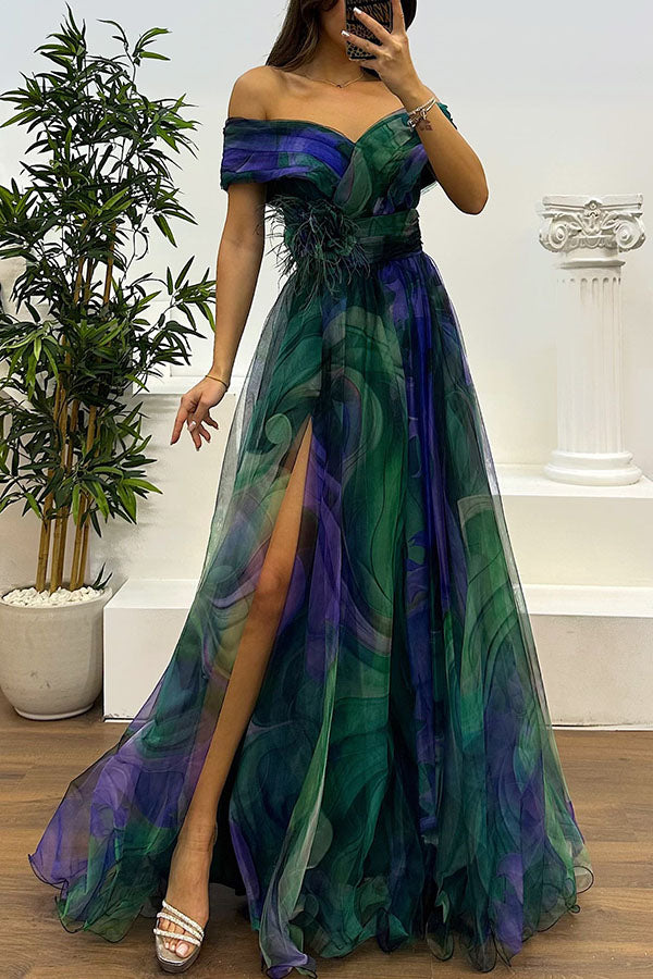 Jinnie - Tulle Floral Feather Pendant Pleated Off Shoulder Slit Maxi Dress