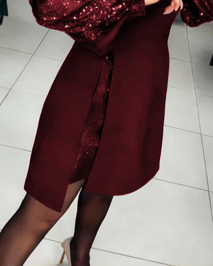 Liliana - Elegant Dress with Puff Sleeves and Patchwork Details