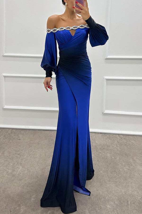 Julieta - Gradient Print Off Shoulder Gem Detail Slit Gown Maxi Dress