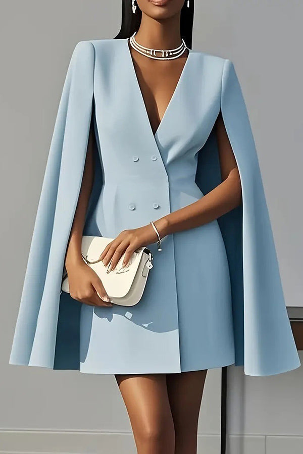 Arna - Solid Color V-Neck Double Breasted Cape Formal Mini Dress