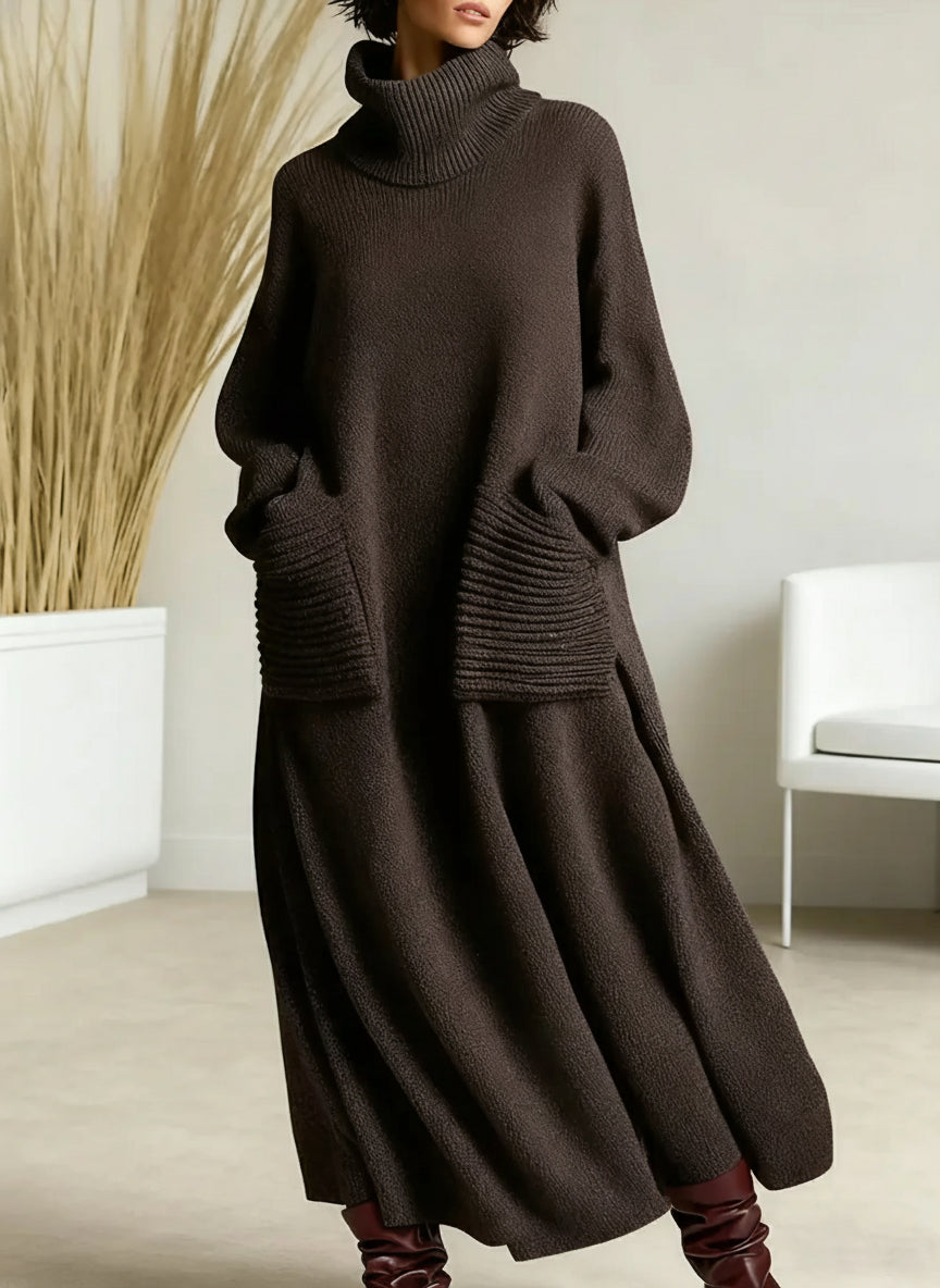 Genna - High-Neck Long-Sleeve Casual Loose Knit Dress