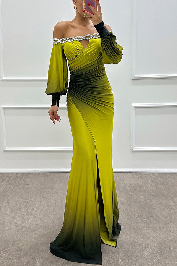 Julieta - Gradient Print Off Shoulder Gem Detail Slit Gown Maxi Dress
