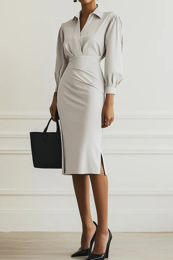 Sandra - Fashion Lapel Long Sleeve Slim Waist Midi Dress