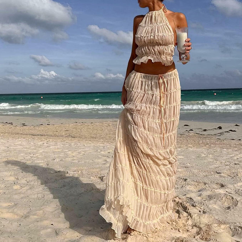Odalys™ | Boho Ruched Halter Backless Maxi Set