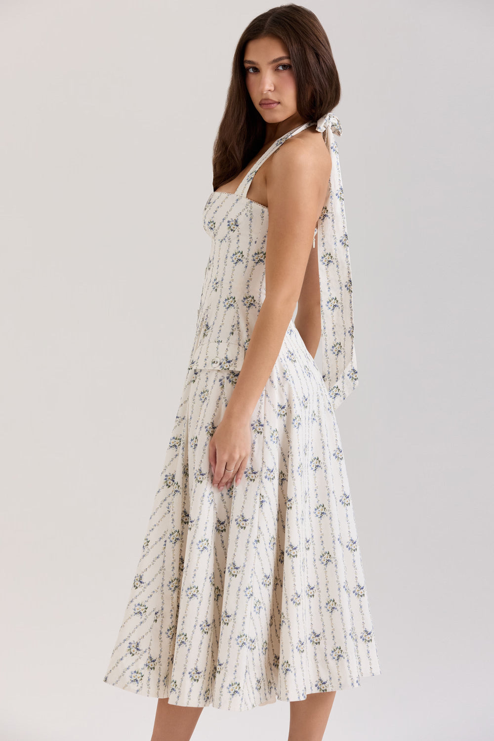 Belle - Daisy Print Halter Neck Midi Dress
