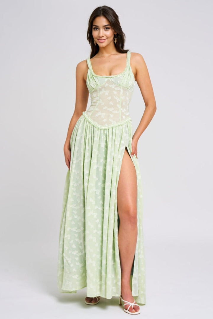 Ulissa- Soft Green Jacquard High Slit Square Neck Maxi Dress