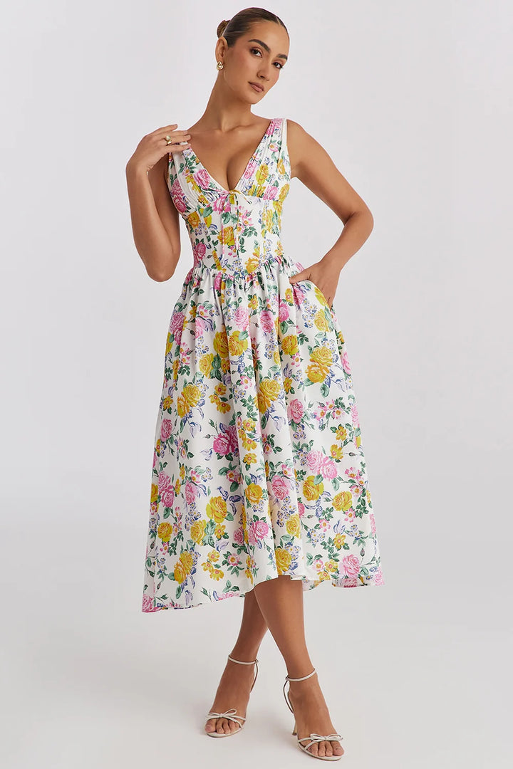Ariana - V Neck Corset Flare Midi Dress