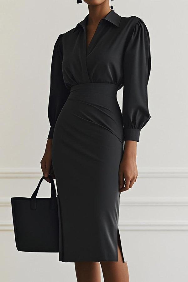 Sandra - Fashion Lapel Long Sleeve Slim Waist Midi Dress