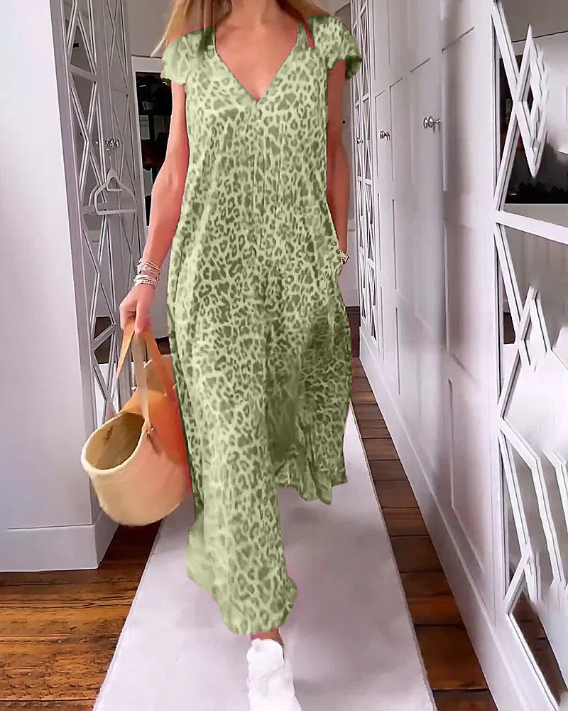 Rosma - Printed Maxi Dress with V-neck and Short Sleeves
