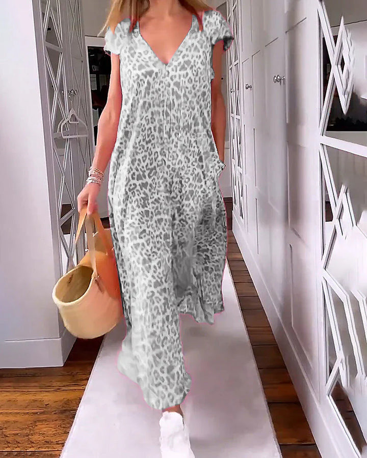 Rosma - Printed Maxi Dress with V-neck and Short Sleeves