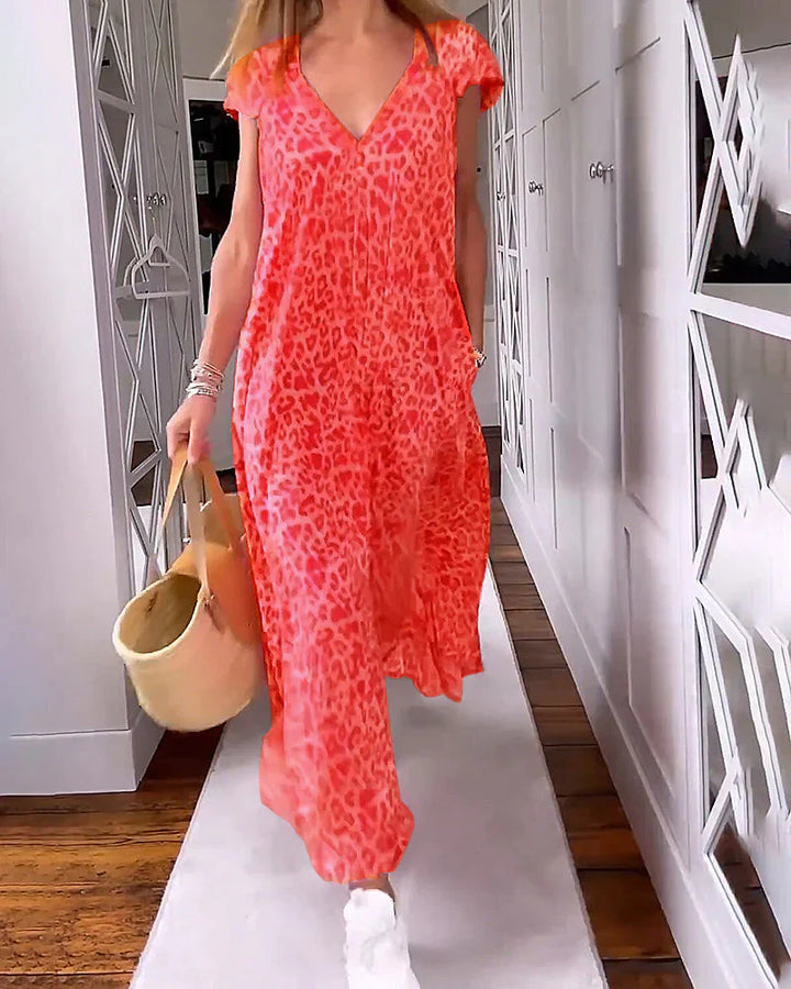 Rosma - Printed Maxi Dress with V-neck and Short Sleeves