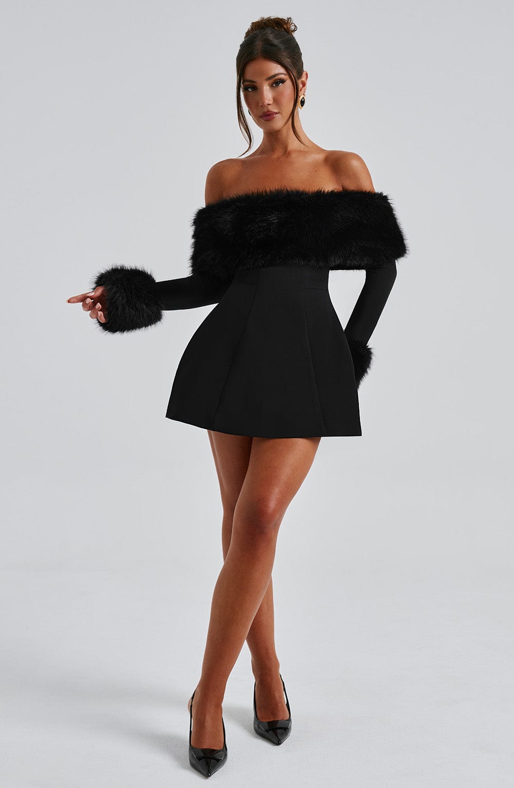 Venyra™ | Off-the-shoulder mini dress with fur sleeves