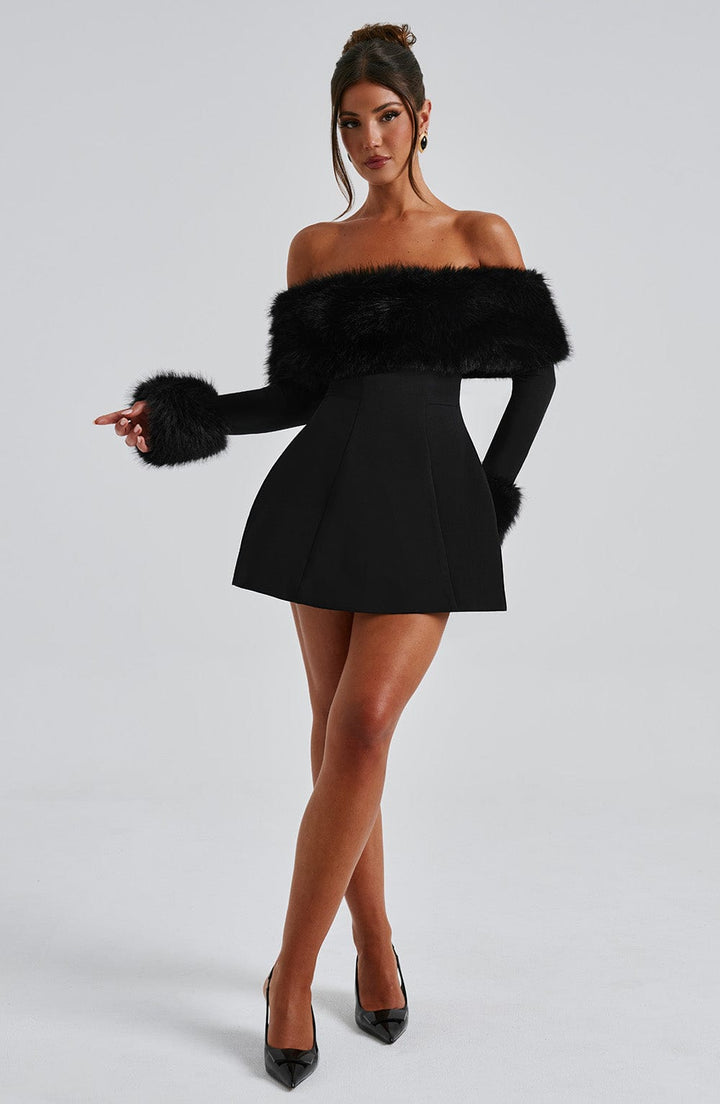 Venyra™ | Off-the-shoulder mini dress with fur sleeves