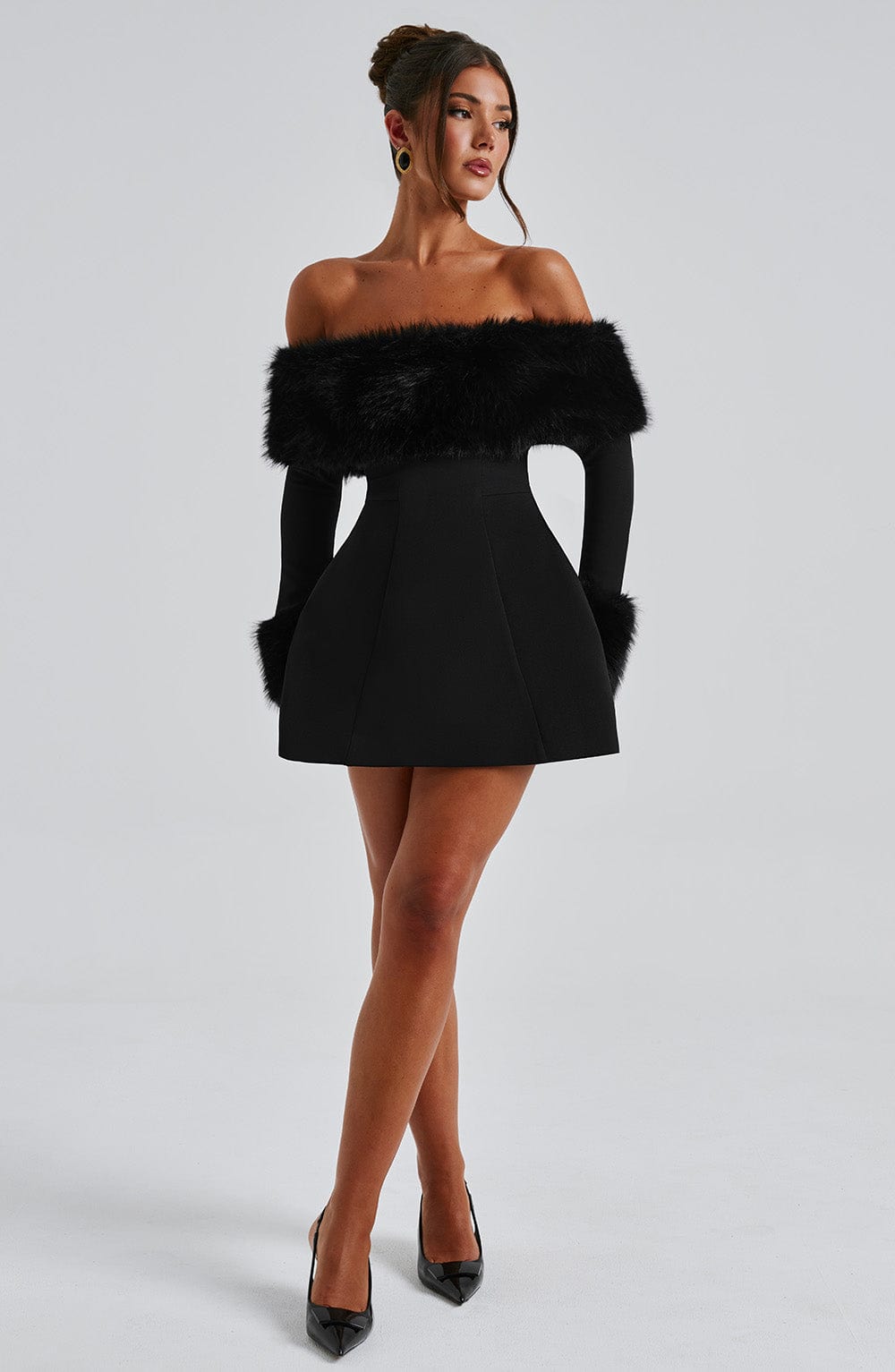 Venyra™ | Off-the-shoulder mini dress with fur sleeves