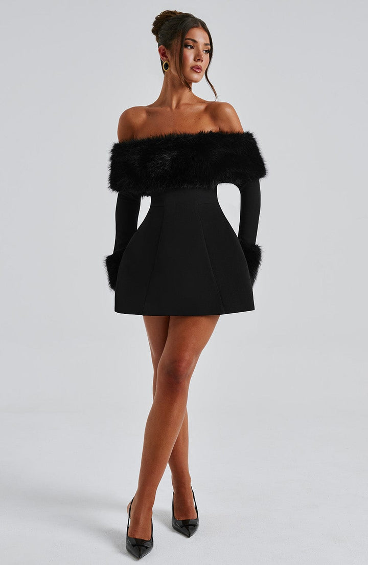 Venyra™ | Off-the-shoulder mini dress with fur sleeves
