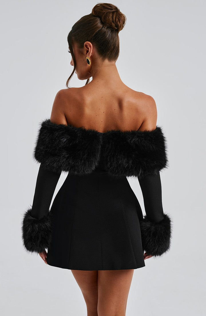 Venyra™ | Off-the-shoulder mini dress with fur sleeves