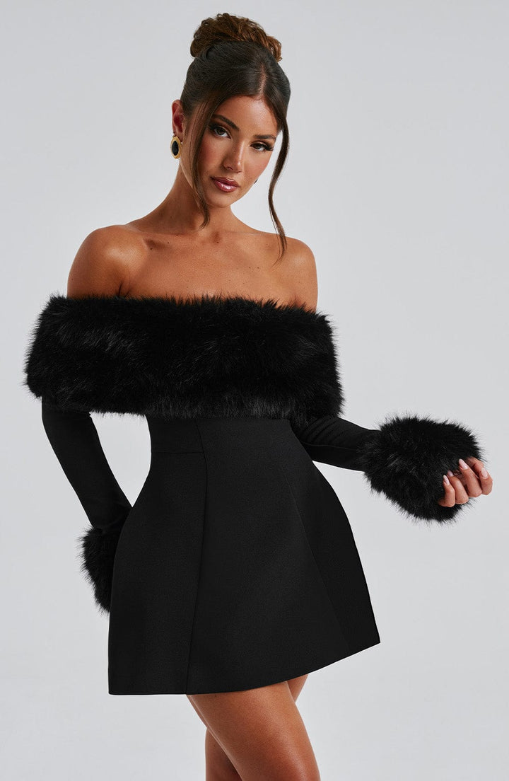 Venyra™ | Off-the-shoulder mini dress with fur sleeves
