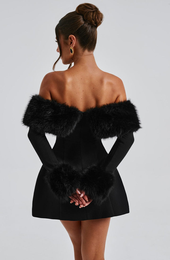 Venyra™ | Off-the-shoulder mini dress with fur sleeves