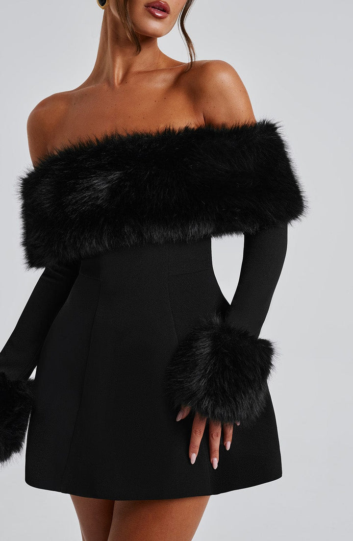 Venyra™ | Off-the-shoulder mini dress with fur sleeves