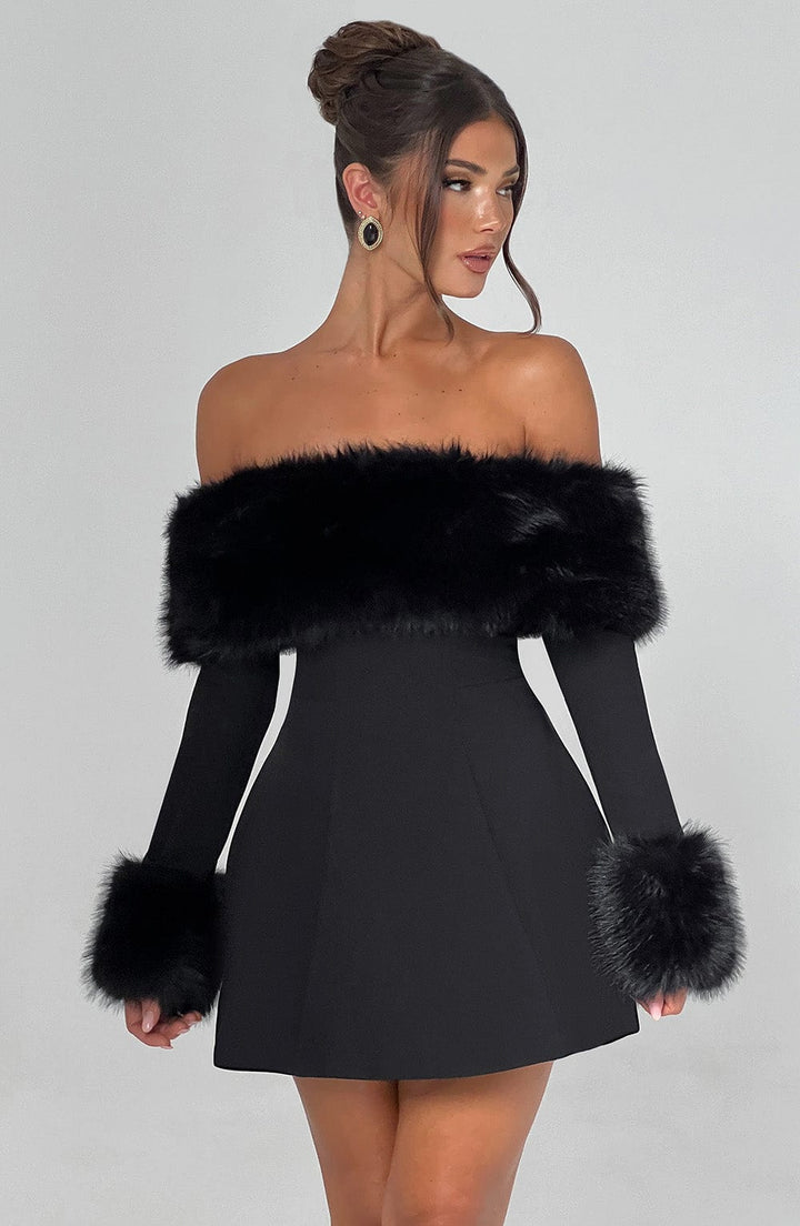 Venyra™ | Off-the-shoulder mini dress with fur sleeves