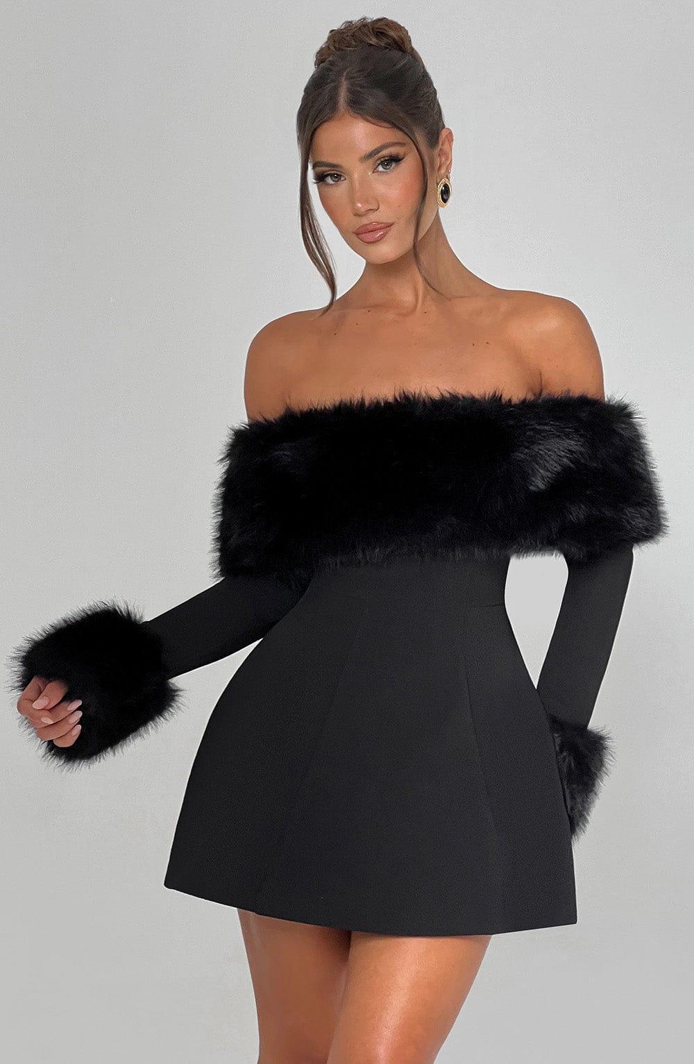Venyra™ | Off-the-shoulder mini dress with fur sleeves