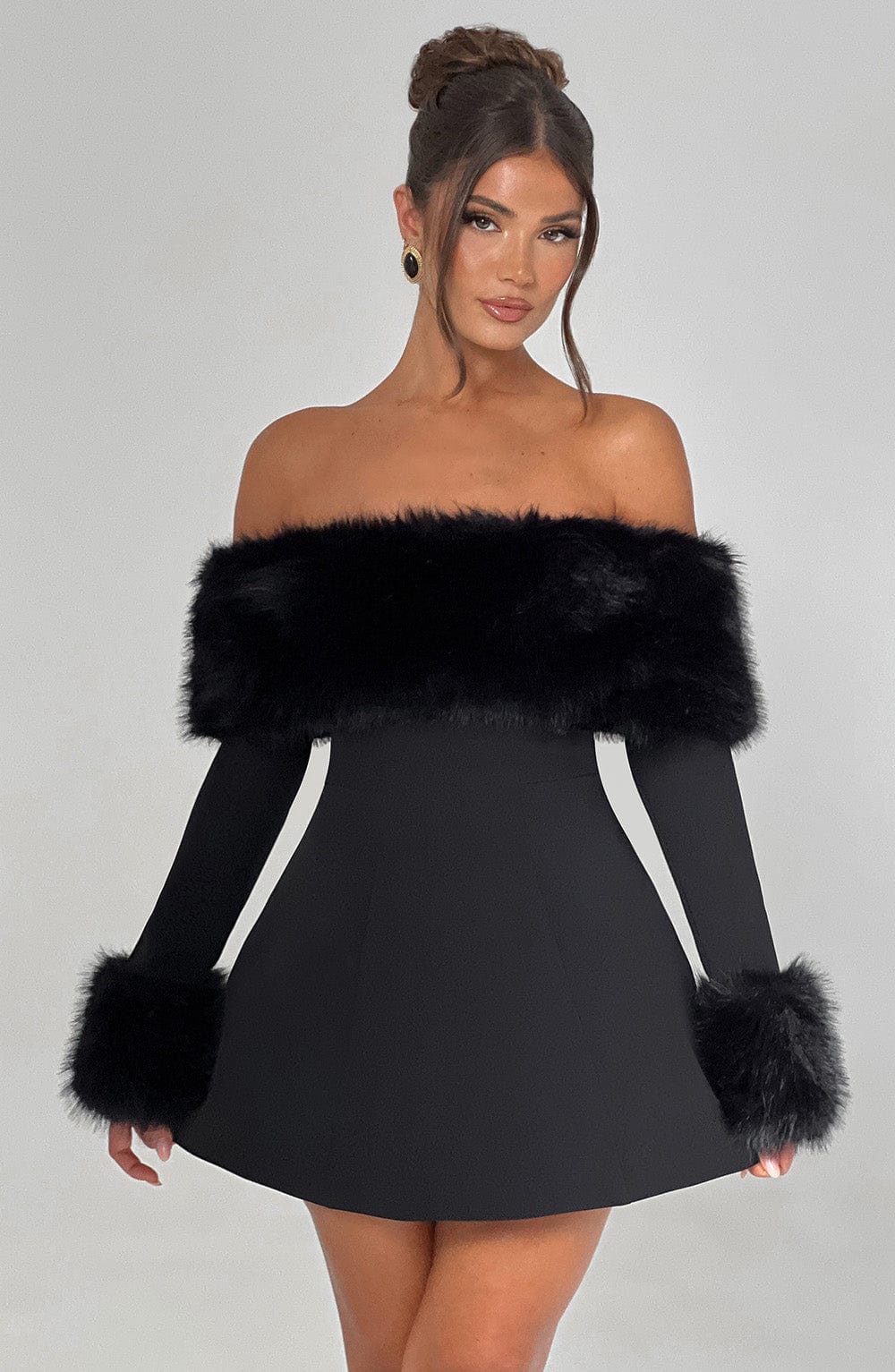 Venyra™ | Off-the-shoulder mini dress with fur sleeves