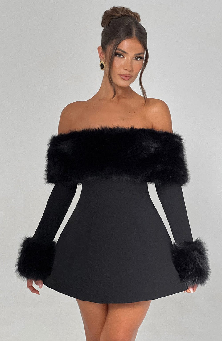 Venyra™ | Off-the-shoulder mini dress with fur sleeves